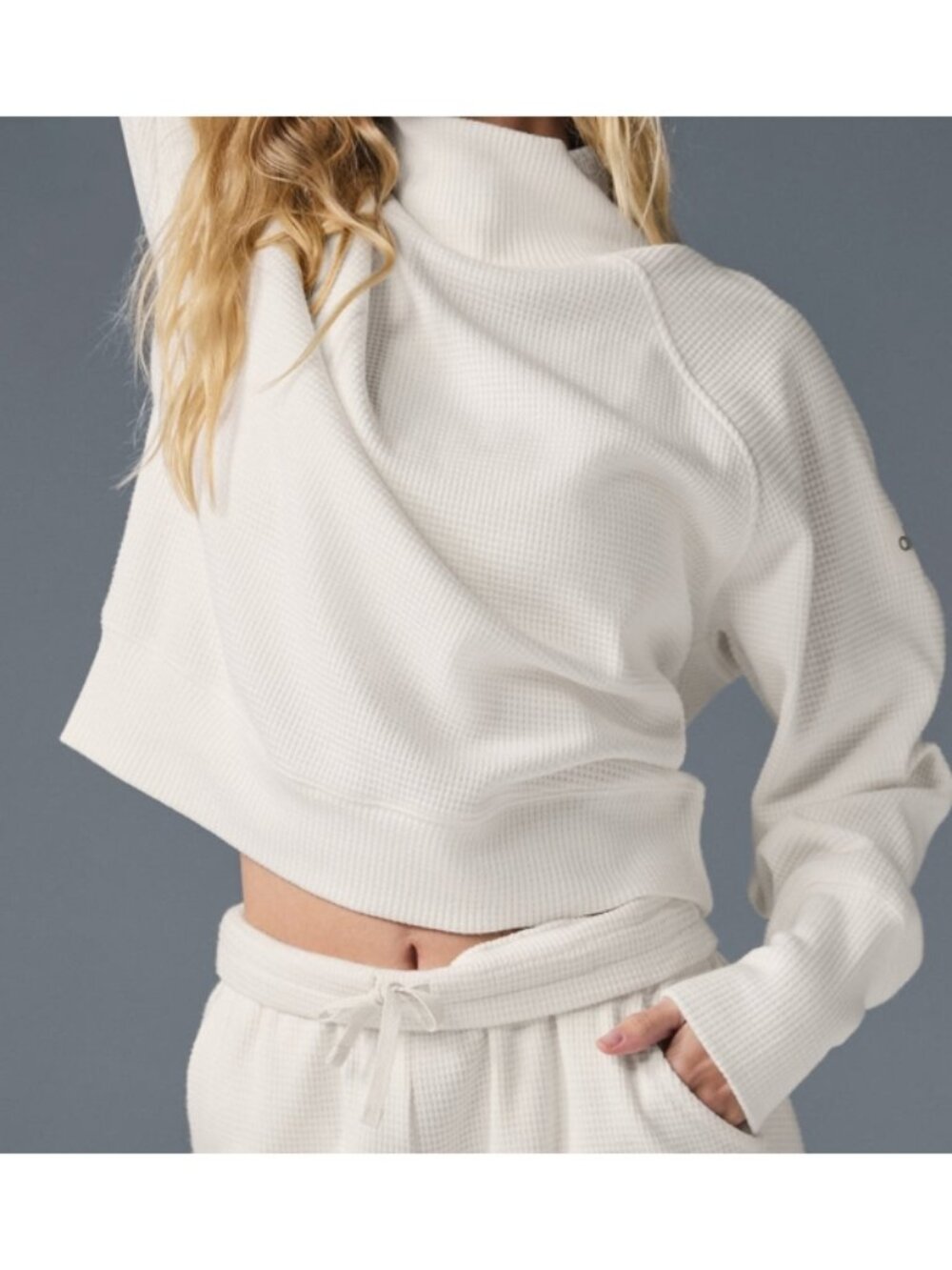 Alo Weekend Escape Mock Neck Long Sleeve Ivory Waffle Thermal Turtleneck Sweater - Picture 5 of 16